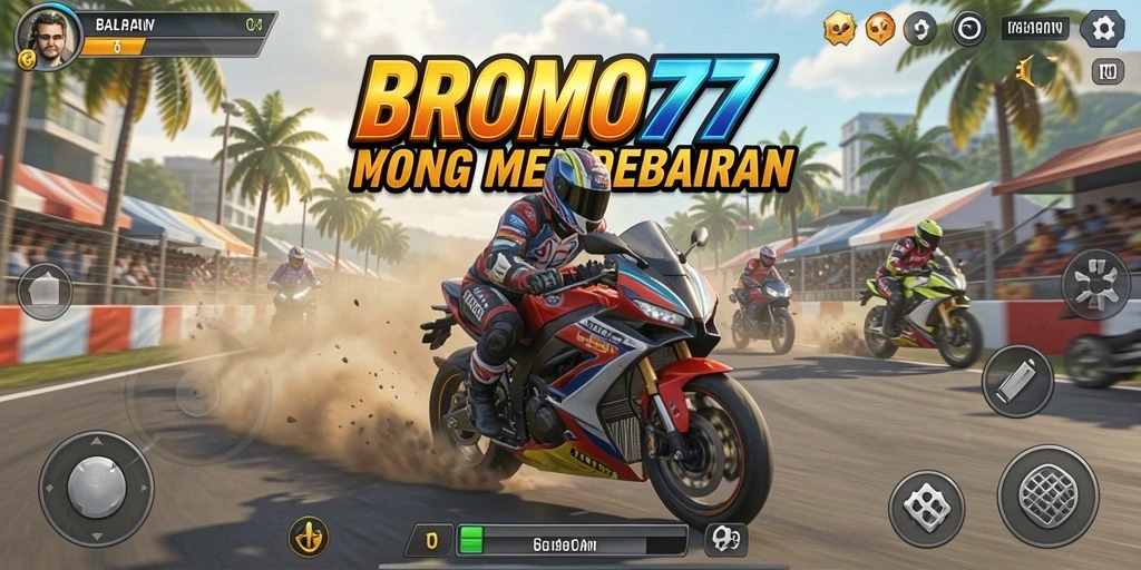 Screenshot gameplay BROMO77 yang menampilkan balapan motor mendebarkan.