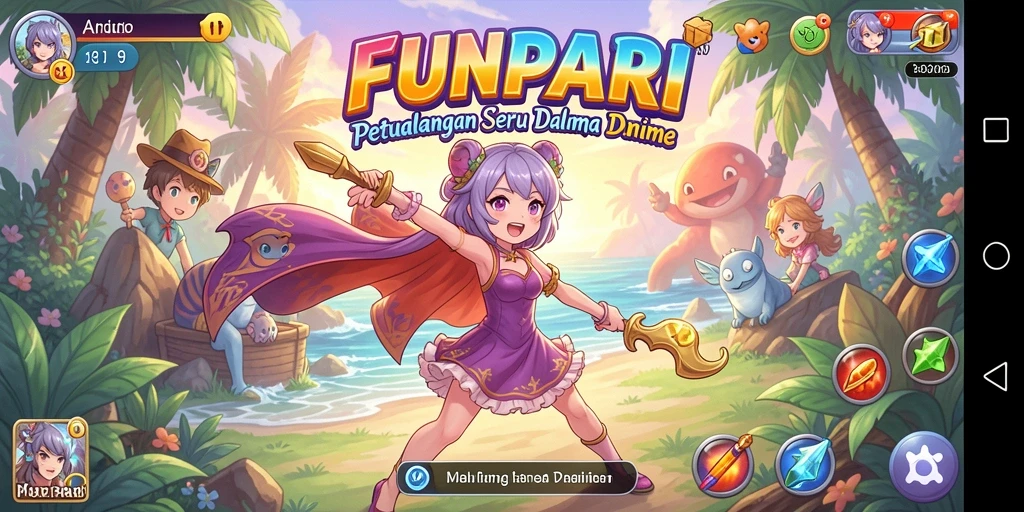 Tampilan screenshot FUNPARI menampilkan pertarungan karakter anime yang seru.