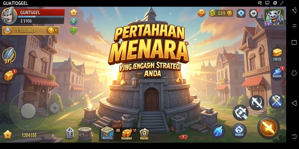 Screenshot GUATOGEL menampilkan aksi menara dalam pertempuran melawan musuh.