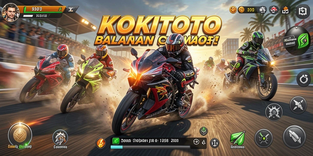 Screenshot gameplay KOKITOTO menampilkan pemacu motor di jalur balapan.