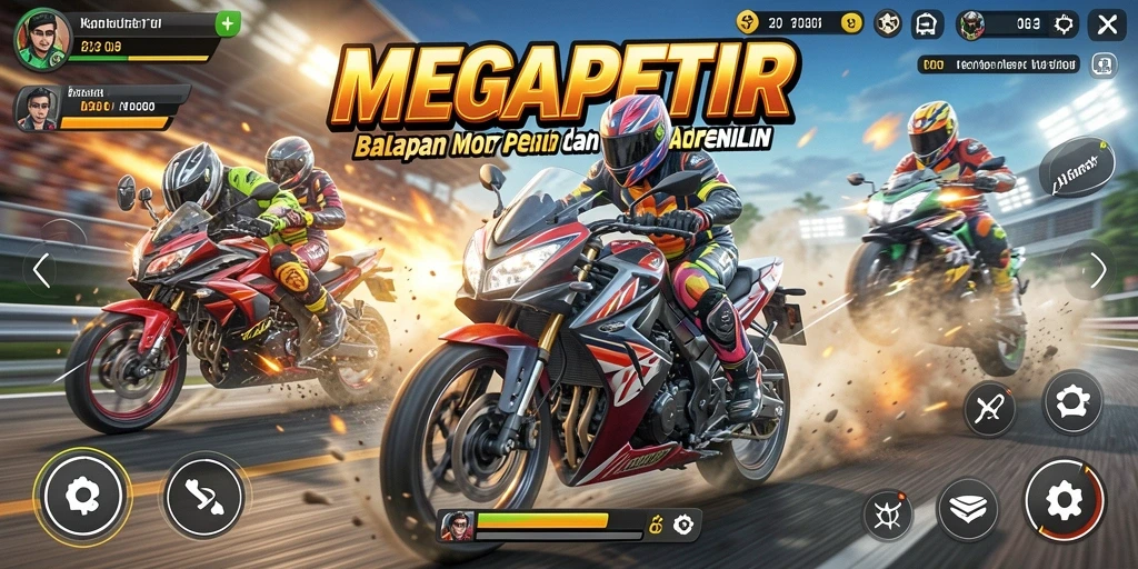Tangkapan layar gameplay yang menunjukkan aksi balapan motor seru di MEGAPETIR.